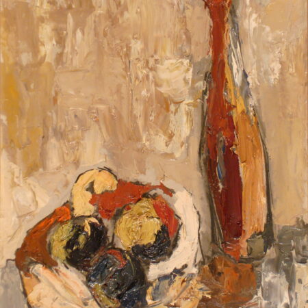 Nature morte, bouteilles et fruits dans une assiette, été 1953