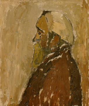 Visage d'homme barbu de profil tourné vers la gauche, décembre 1953