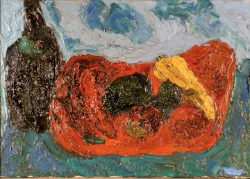 Bouteille et fruits sur un tissu rouge, janvier 1963