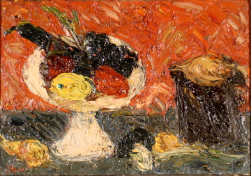 Fruits dans une coupe sur fond rouge et pot, vers 1963