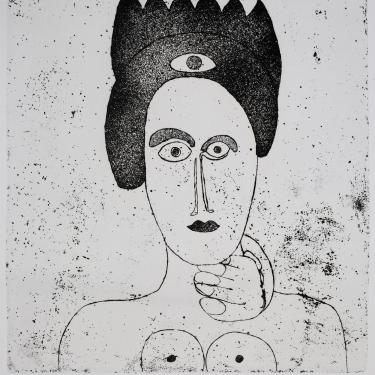 «Tête de femme à la masincouronnée», janvier 1975, eau-forte et aquatinte, 33,3x30,7cm, signé et daté en haut à gauche, K-B 309