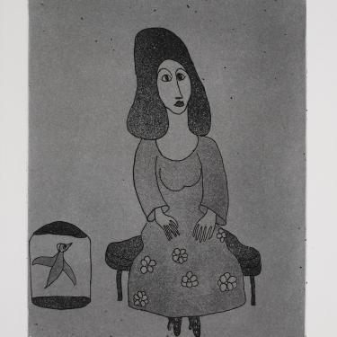 «Femme assise année 73», octobre 1973, eau-forte et aquatinte,31,5x22,7cm, signé et daté en bas à droite, K-B 283
