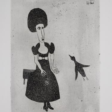 «Femme à l'oiseau acquatinte», mars1973, eau-forte et aquatinte, 31,6x22,7cm, signé et daté en haut à droite, K-B282