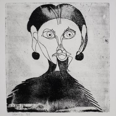 «Masque aux traits», janvier 1970,eau-forte et aquatinte, 32,3x30,6cm, signé et daté en bas à gauche, K-B 261