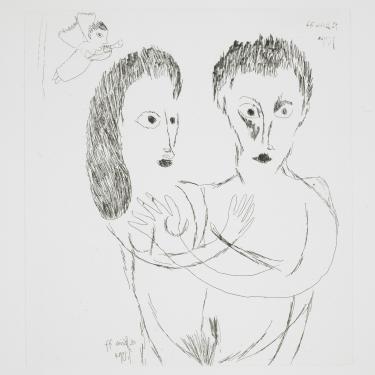 Couple et ange, 12 avril 1977, eau-forte, 33,5x30,5cm, signé et daté en bas à gauche, hors K-B (morsure posthume)