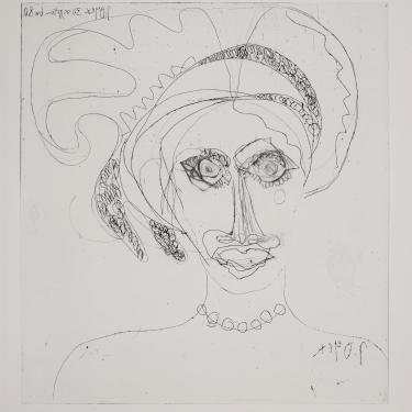 Visage de femme au chapeau, 30 septembre 1980, eau-forte, 33,7x30,4cm, daté en haut à gauche et signé en bas à droite, hors K-B (morsure posthume)