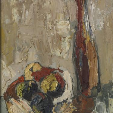 Nature morte, bouteille et fruits, été 1953, huile sur carton, 40x54,5