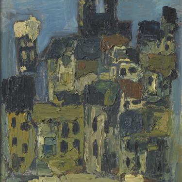 Village avec église, été 1953, huile sur carton, 55x40cm, signé en bas à droite