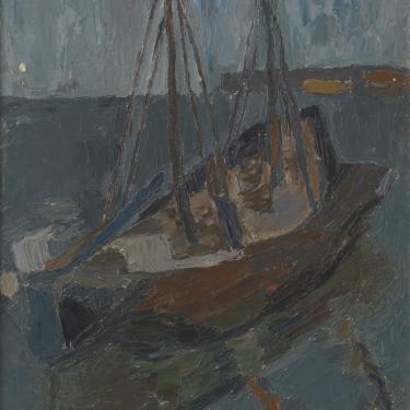 Barque aux deux mats, 16 mars 1952, huile sur carton, 55x40cm, signé et daté au verso