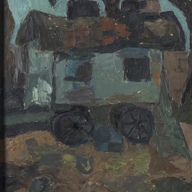 Roulotte, 26 juin 1952, huile sur carton, 40x54,5cm, signé et daté en bas à droite