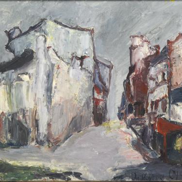 Rue de Paris, 16 mai 1955, huile sur toile, 45,5x55cm, signé et daté en bas à droite