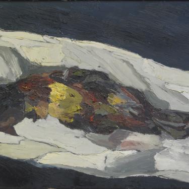 Oiseau sur un linge, 1955, huile sur toile,46,5x61cm, signé et daté sur le chassis