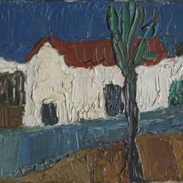 Maison blanche derrière un arbre, 22 mars 1976, huile sur toile, 19x24cm, signé et daté sur le chassis