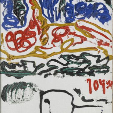Véhicule à quatre roues sur fond de paysage, vers 1982, huile sur toile