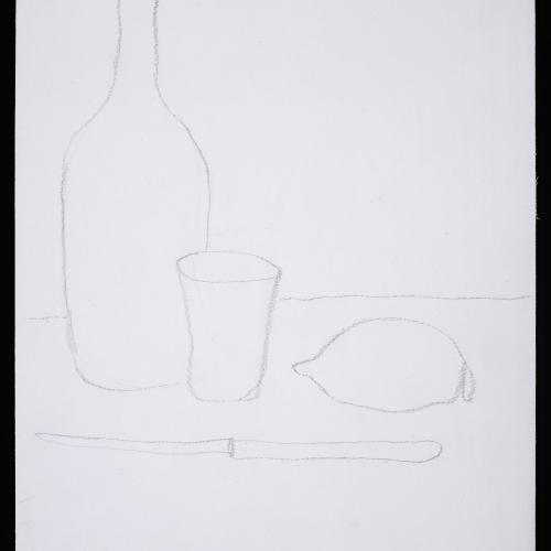 bouteille verre et citron, vers 1976, crayon noir sur papier, 33,3x23,9cm