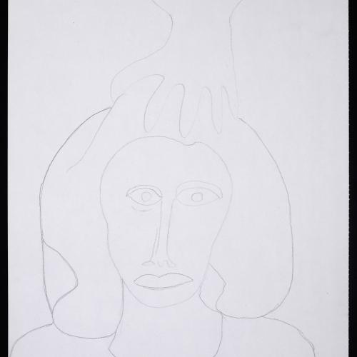 Visage de femme, main sur le crâne, décembre1981, signé en bas à droite, crayon noir sur papier, 47,5x30,8