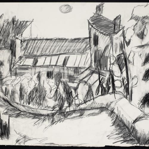 Grande maison entourée d'arbres, vers 1960, crayon gras sur papier, 13,5x50cm