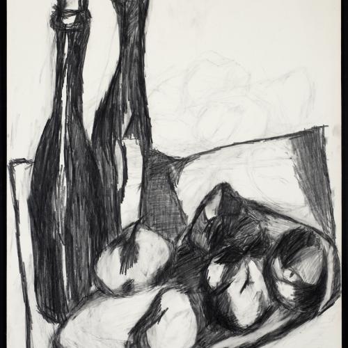Deux bouteilles et plat de fruits, 1956, crayon gras sur papier fort, 58,8x41,3cm, signé et daté en bas à gauche