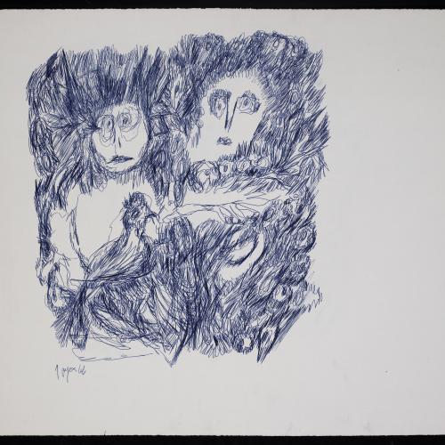 «Personnages avec un oiseau», 1966, encre bleue au stylobille sur papier, 45,5x56,2cm, signé et daté en bas à gauche