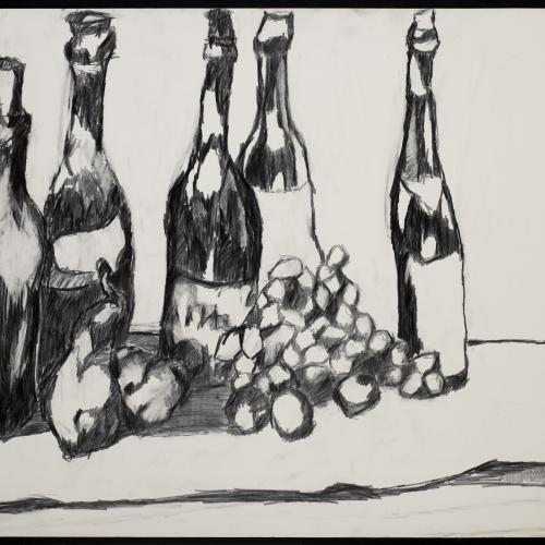 Cinq bouteilles et fruits, vers 1956, crayon gras sur papier fort, 50x70cm